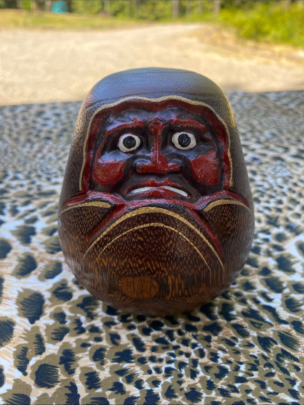 Handcrafted Brown and Red Wood Daruma Figurine - Home Art Accent